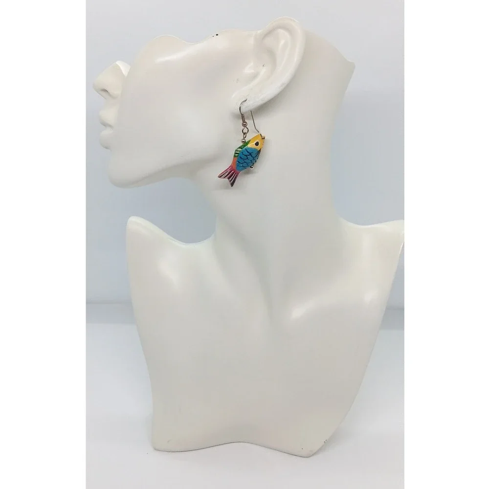 Hand Painted Wooden Fish Drop Earrings Multicolor Boho Tropical Nautical Hook